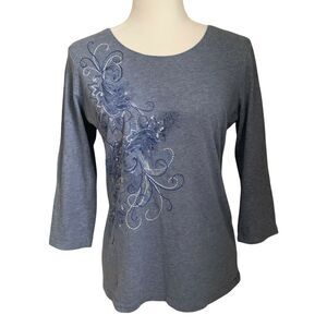 Laura Scott Top Sweater Embroidery Sequins Gray Medium Women's Pullover